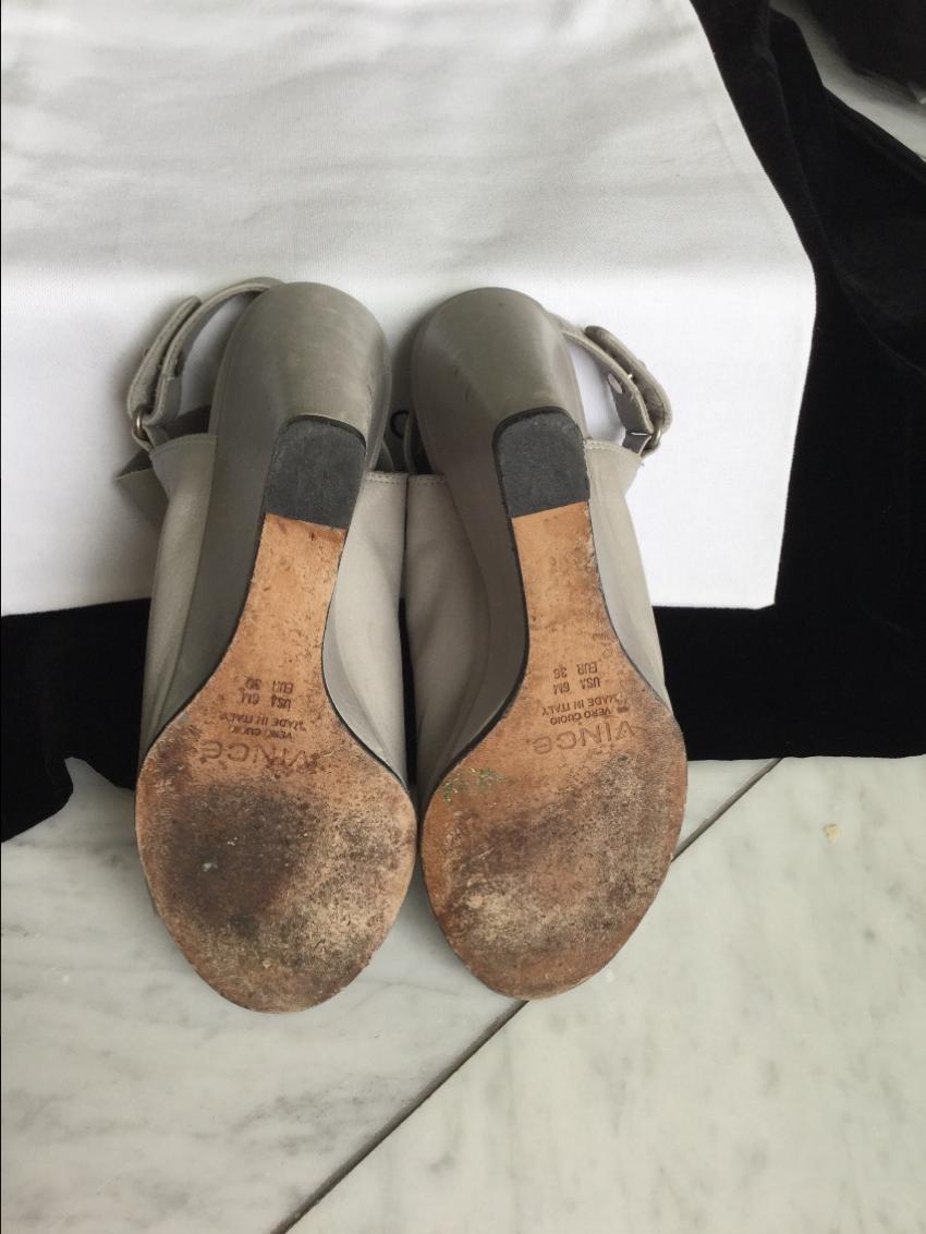 Vince Grey Peep-Toe Wedge Slingback Sandals
