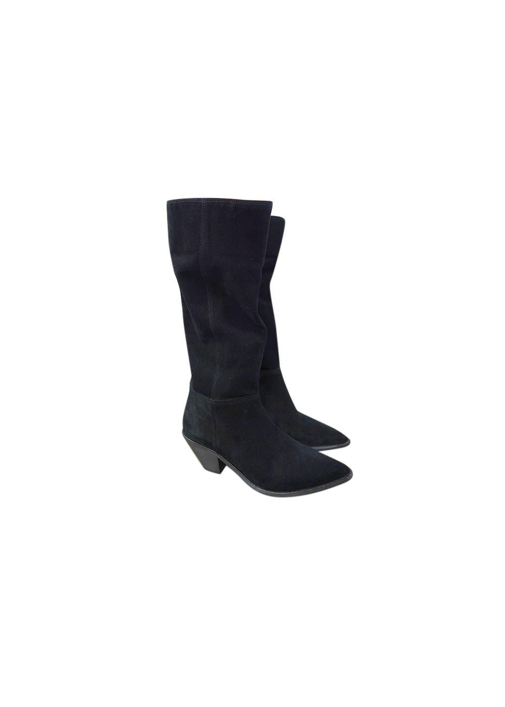 black suede long western heeled boots