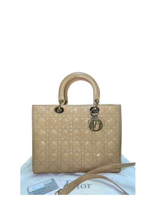 Beige Patent Leather Large Lady Dior Tote Bag