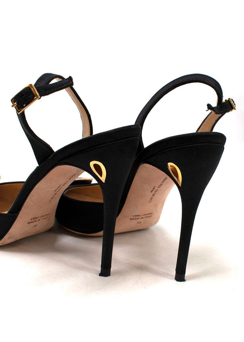 Jennifer Chamandi Black Satin Crystal Buckle Slingback Pumps