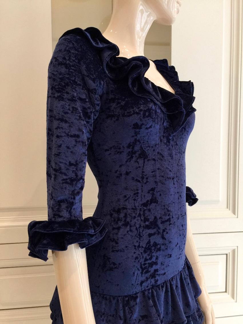 French Couture Navy Blue Panne Velvet Dress