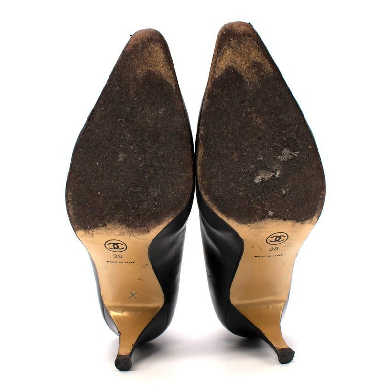 Chanel Black Leather Camellia Embroidered Vintage Pumps