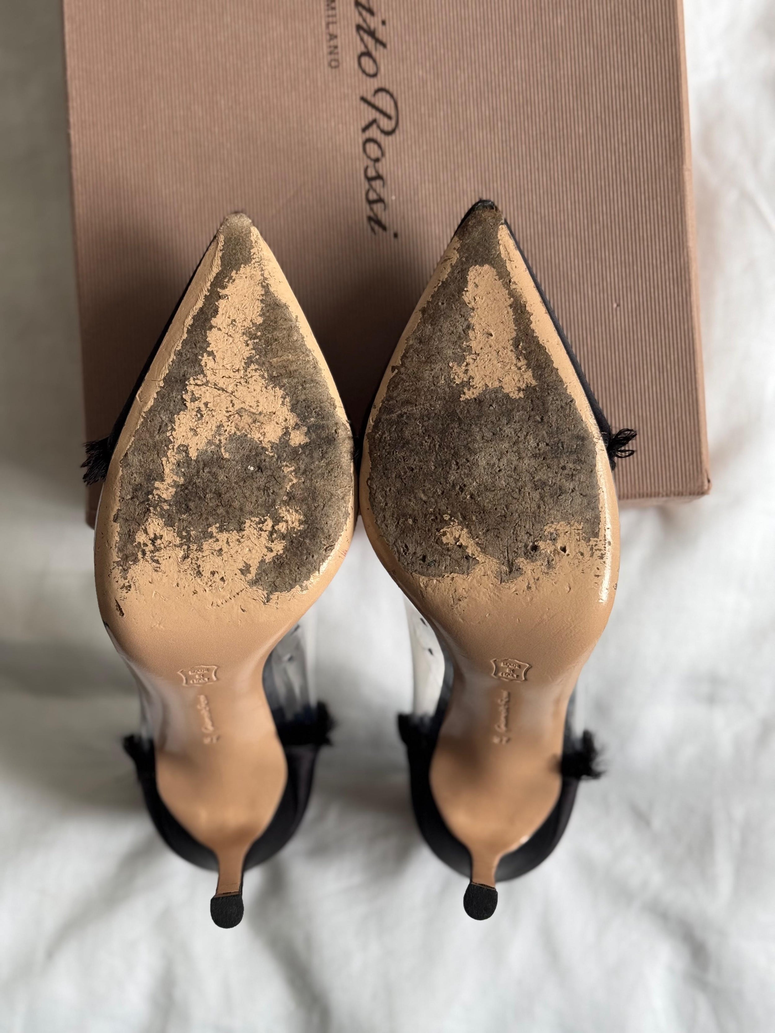 Black Satin Raw Edge Plexi Pumps