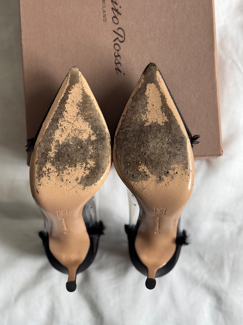 Black Satin Raw Edge Plexi Pumps