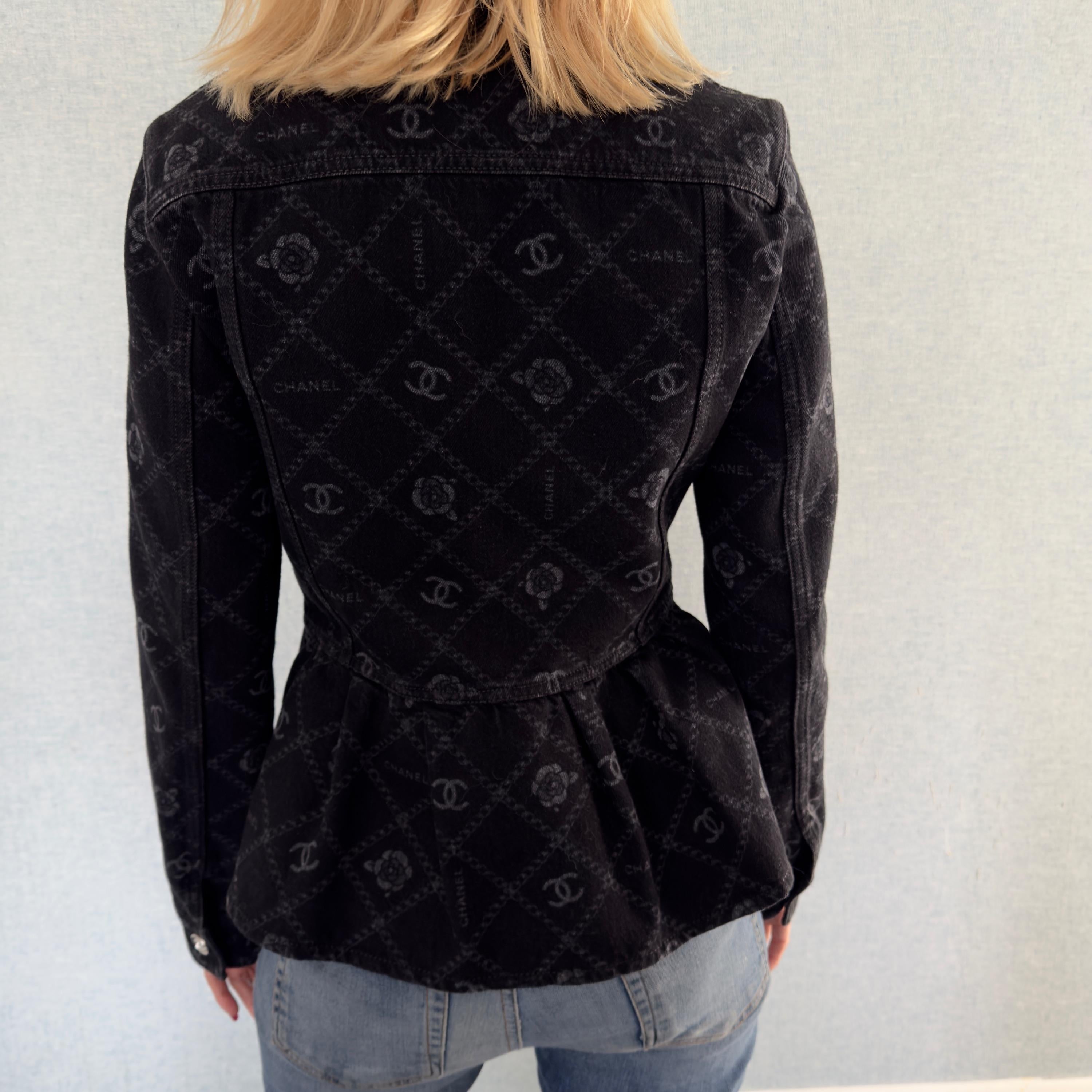 Chanel Black Camelia Denim Button Front Jacket