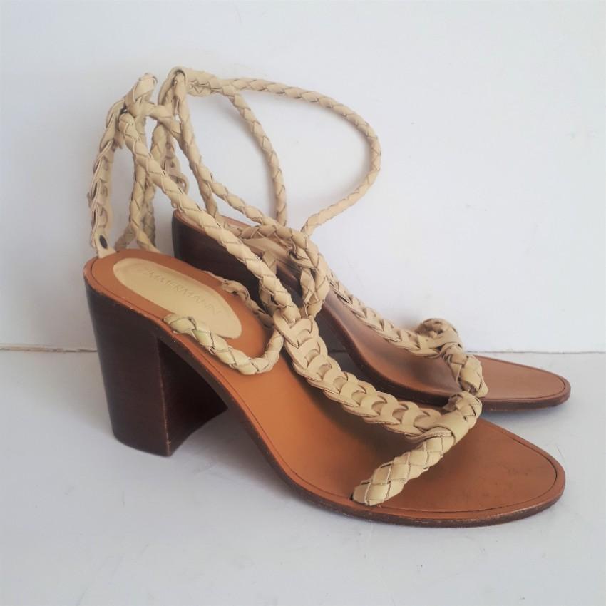 Zimmermann Woven Leather Beige Tie Heel Link Sandals