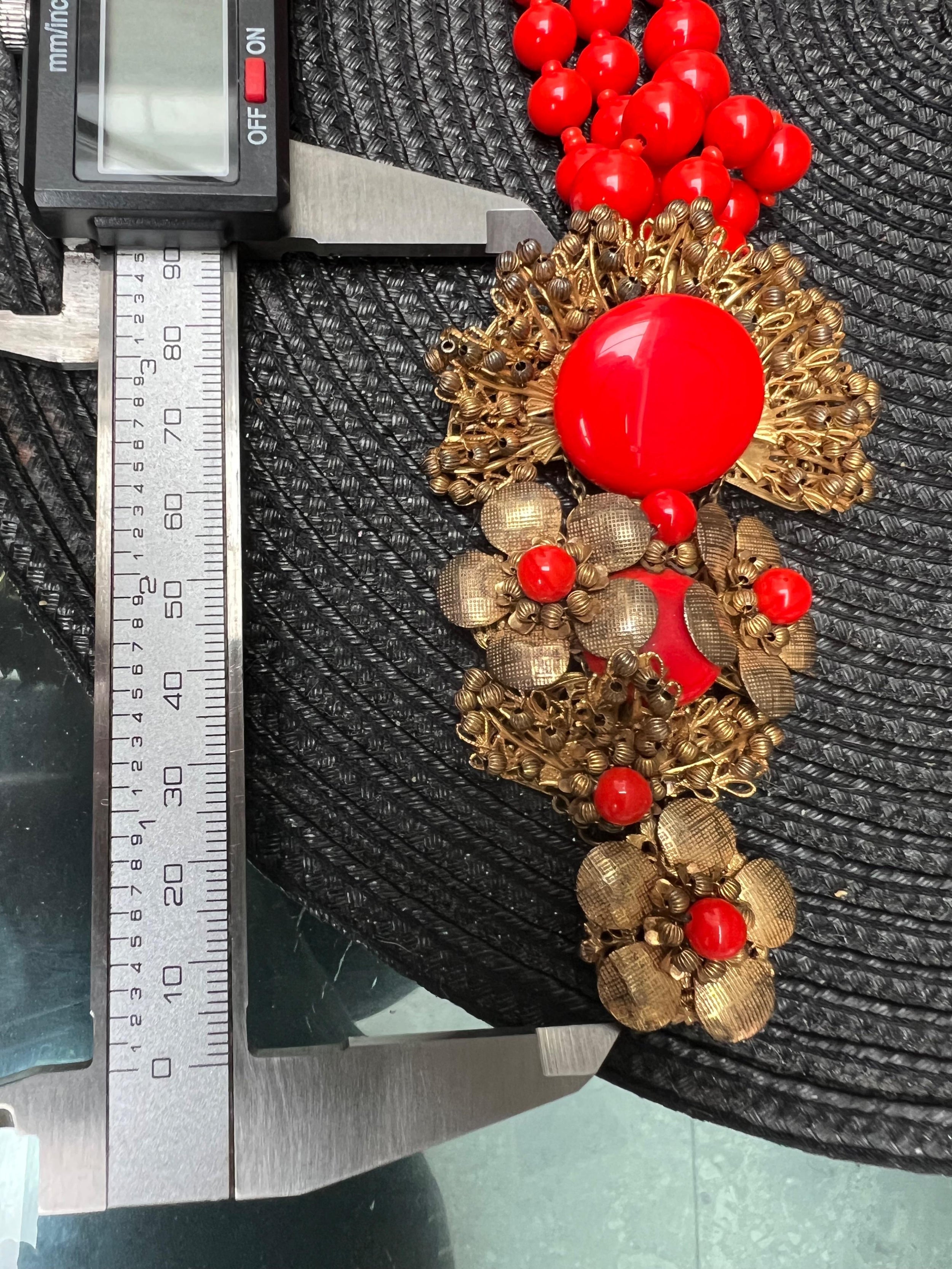 Miriam Haskell Red Three Strand Glass Bead Necklace