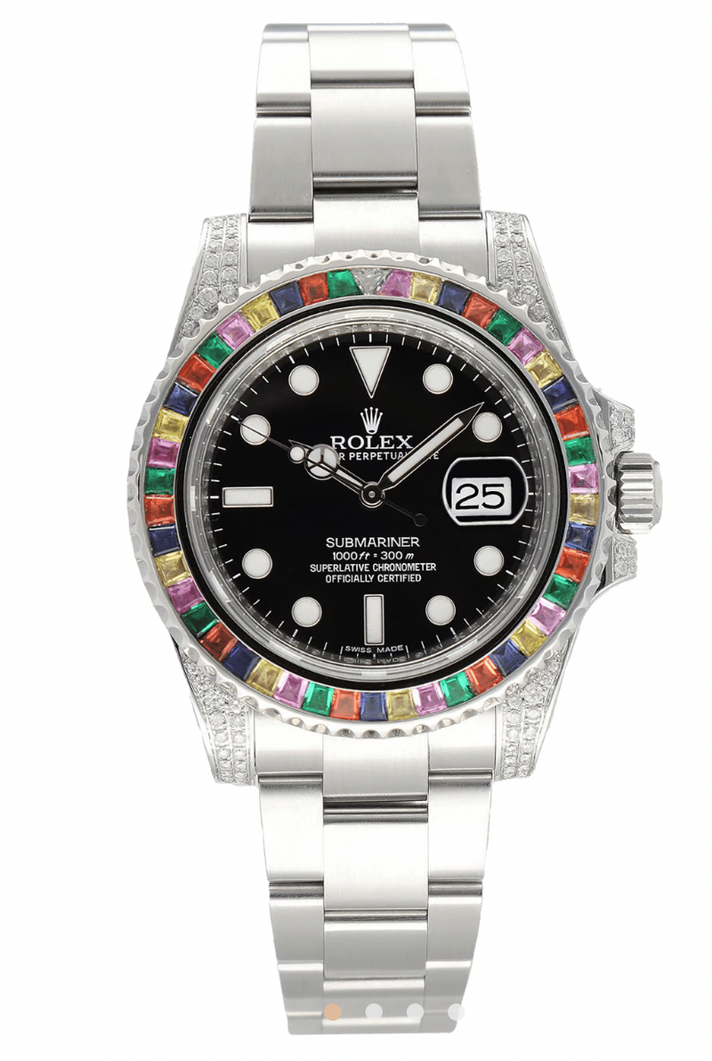 Rolex 40mm Silver Oyster Perpetual Date Submariner Rainbow  Watch