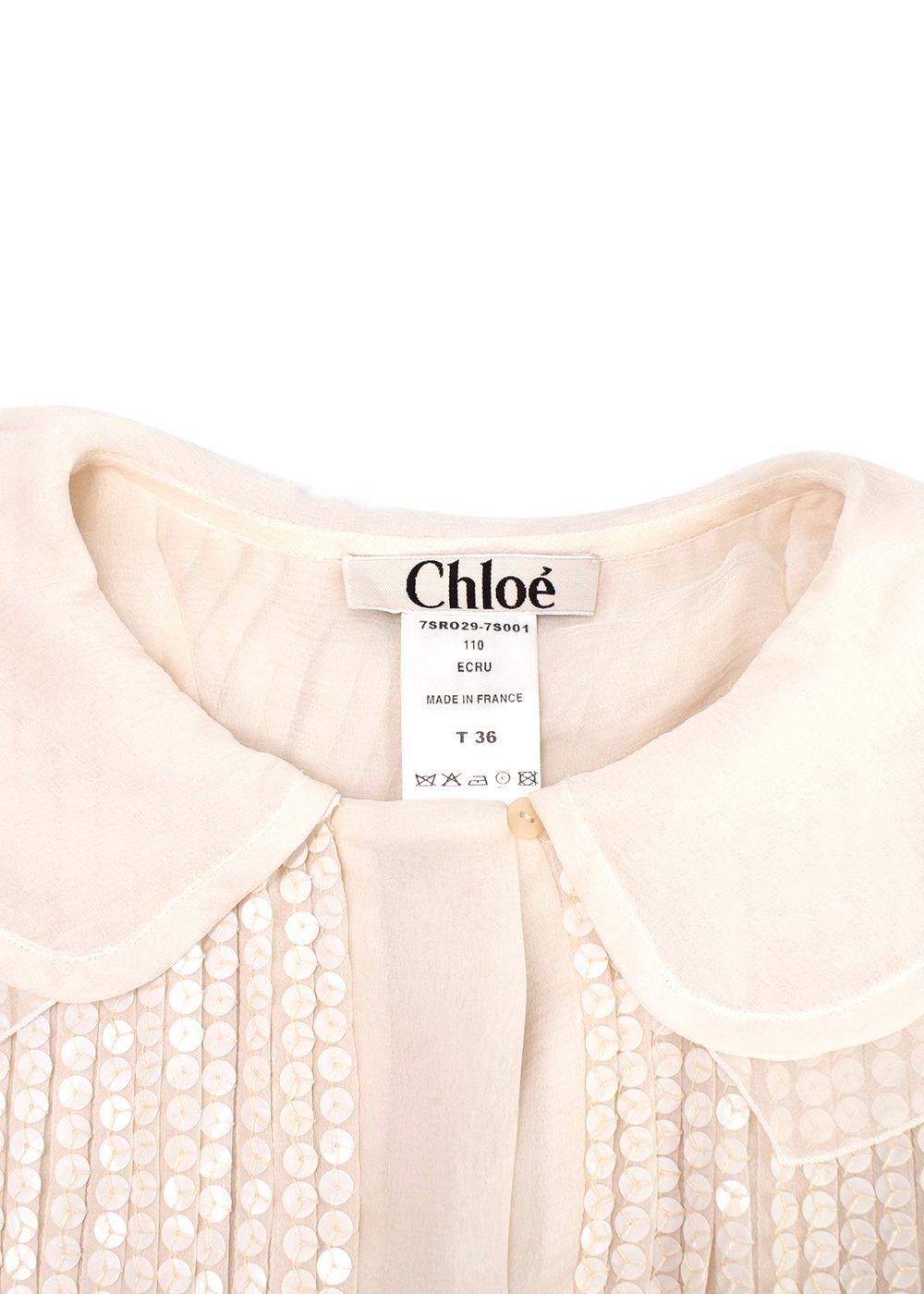 Chloe Ecru Sequin Embroidered Silk Pleated Dress