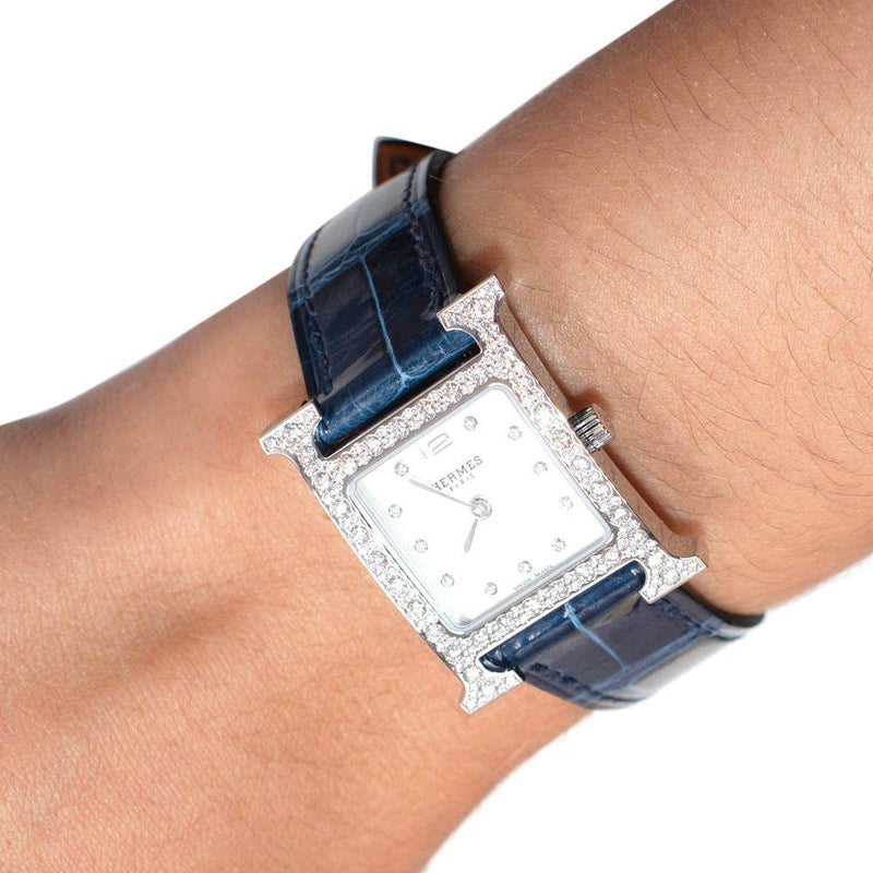 Hermes Navy Alligator Diamond Heure H 21mm Watch With Palladium Hardware