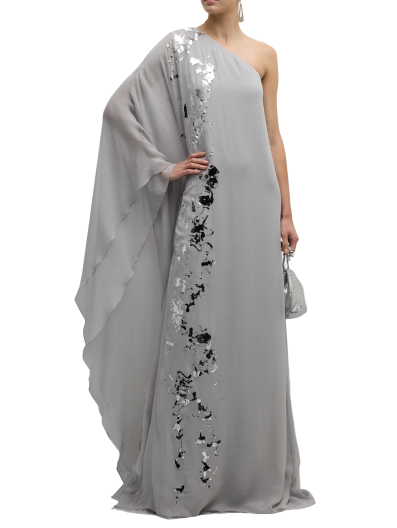 Kolston Metallic Foiled One-Shoulder Silk Chiffon Caftan Gown