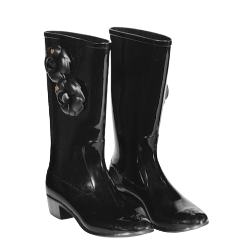 Black Rubber Camellia Rain Boots