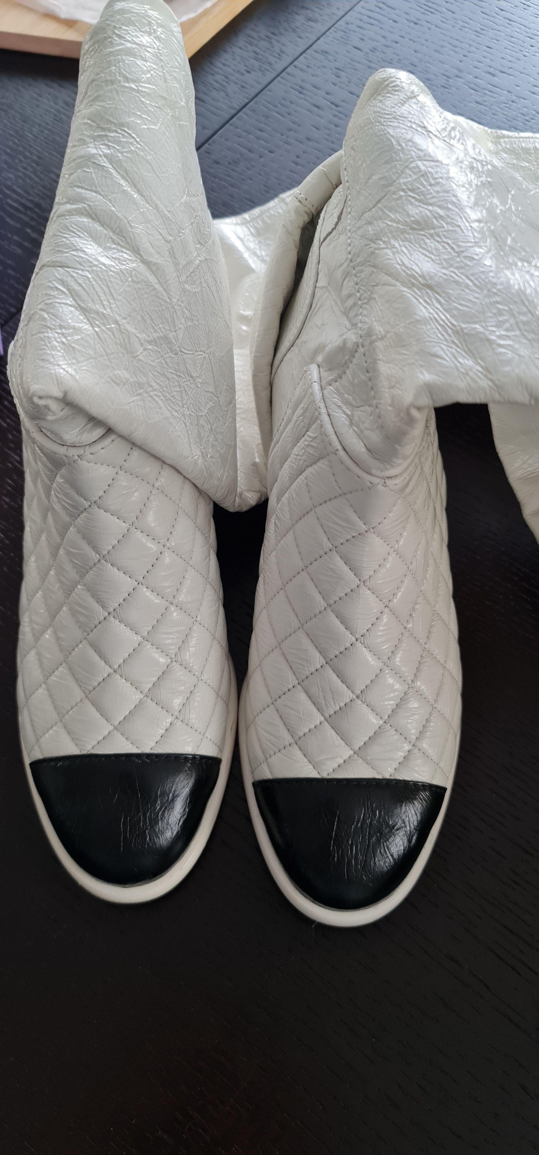 Chanel White Knee High Leather Boots