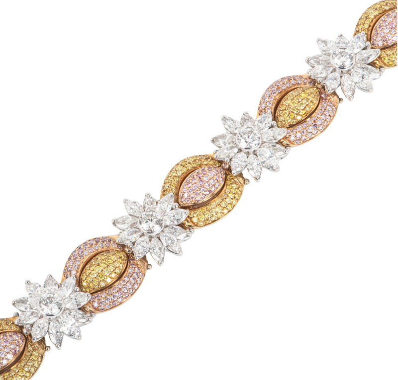 Bespoke Tri-Colour Gold Fancy Yellow, Natural Pink & White Diamond Bracelet