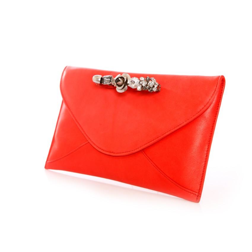 Maison Du Posh Red Leather Swarovski Knuckle Clutch