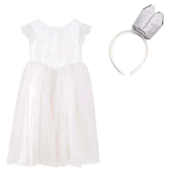 Jacadi Girls White Tulle and Glitter Dress with Crown Headband