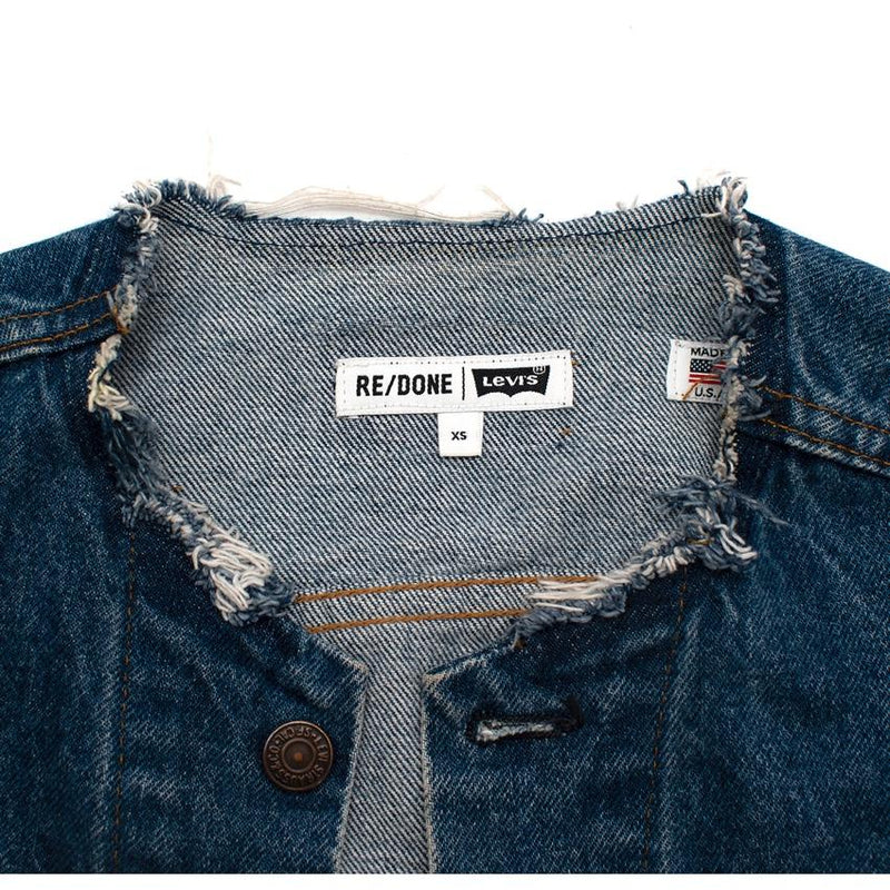 RE/DONE Levis Mid-Wash Distressed Collarless Denim Jacket
