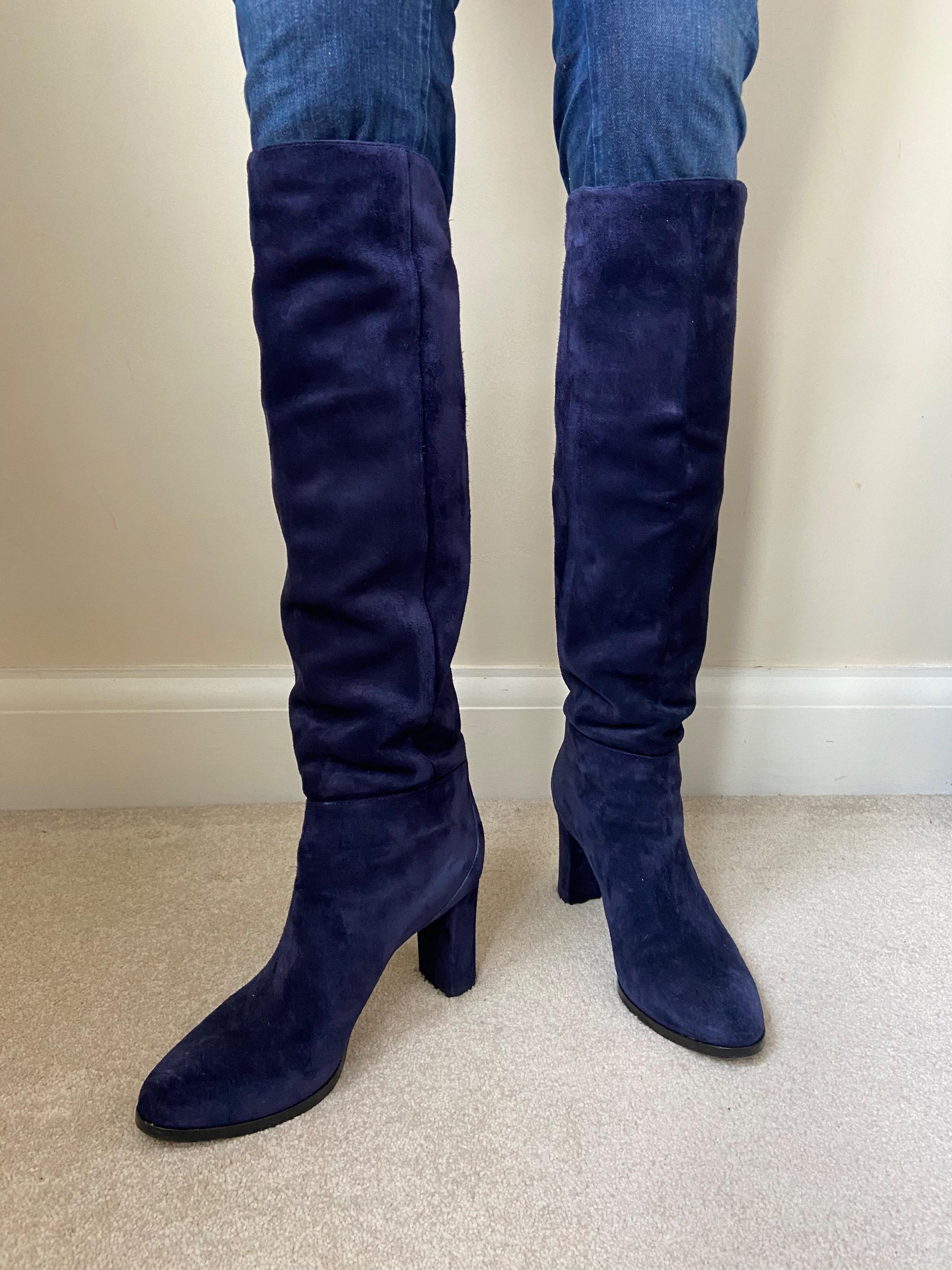 Navy Blue Suede Madalie Long Heeled Boots