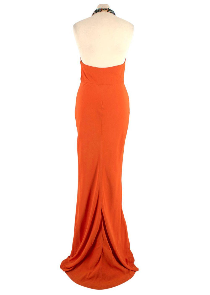 Alexander McQueen Orange Silk Crepe Crystal Halterneck Gown