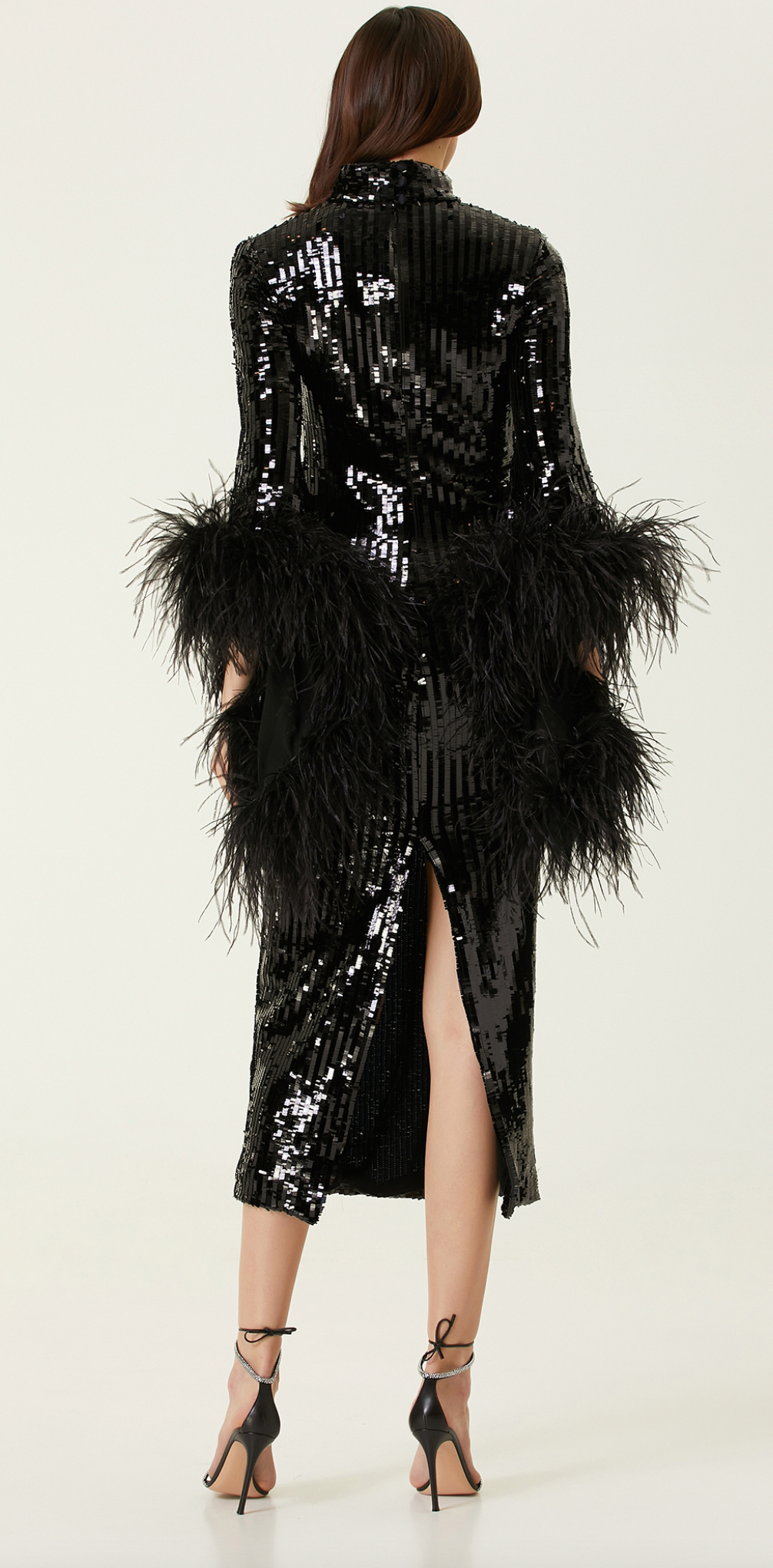 Taller Marmo Black Sequin Gown with Feather Trim