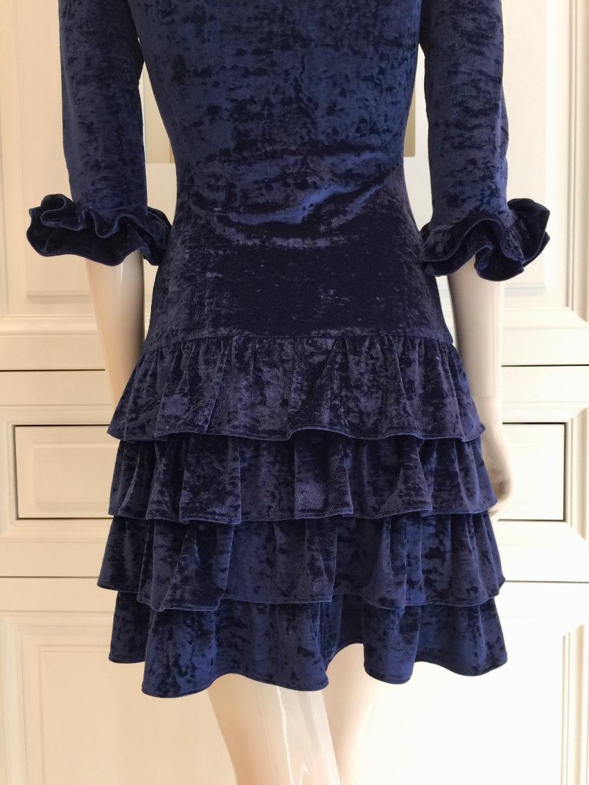 French Couture Navy Blue Panne Velvet Dress