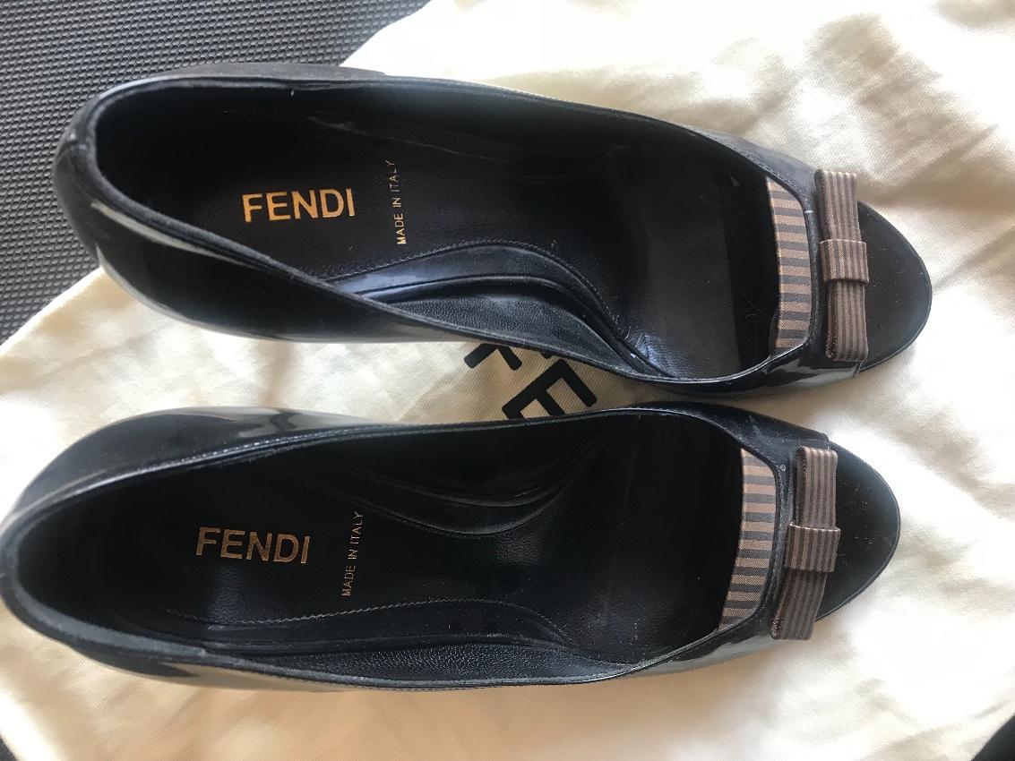 Fendi Striped-Bow Patent Leather Peep-Toe Pumps
