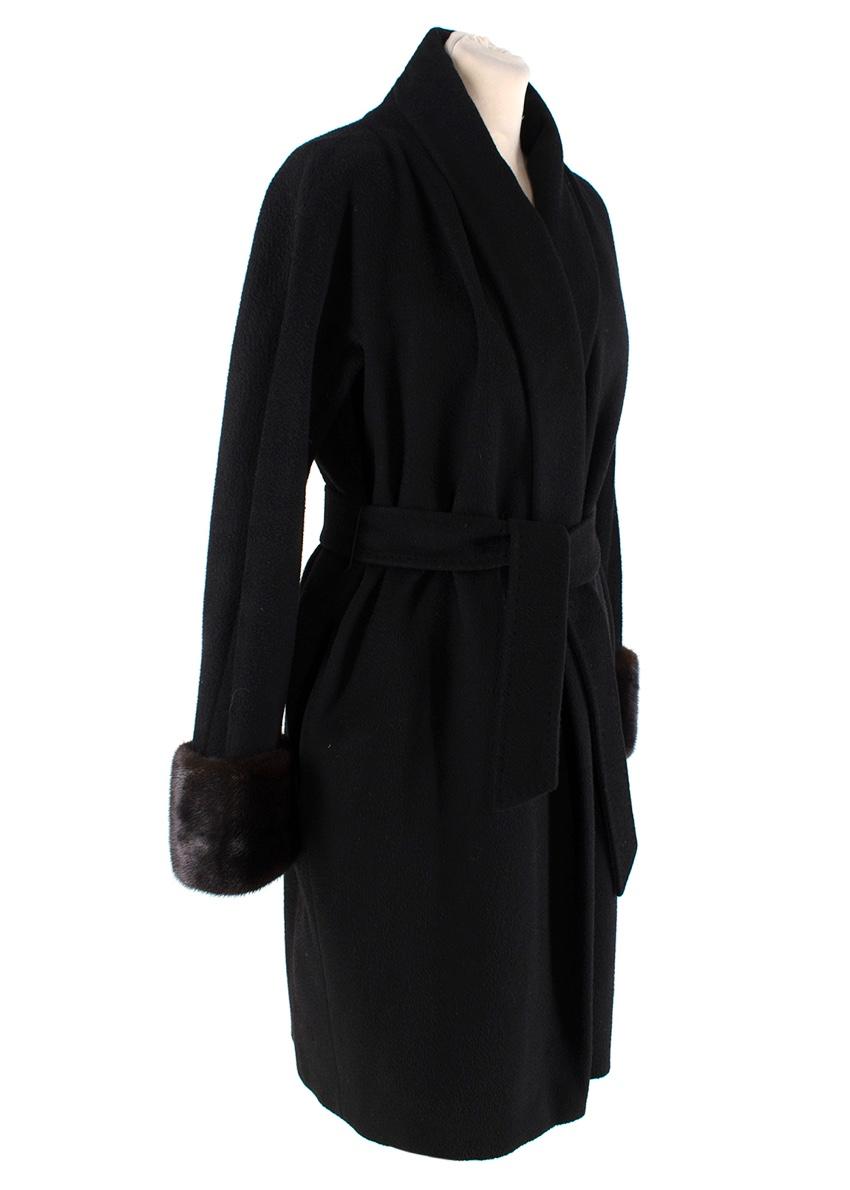 MaxMara Black Camel Hair Wrap Coat with Fur Cuffs