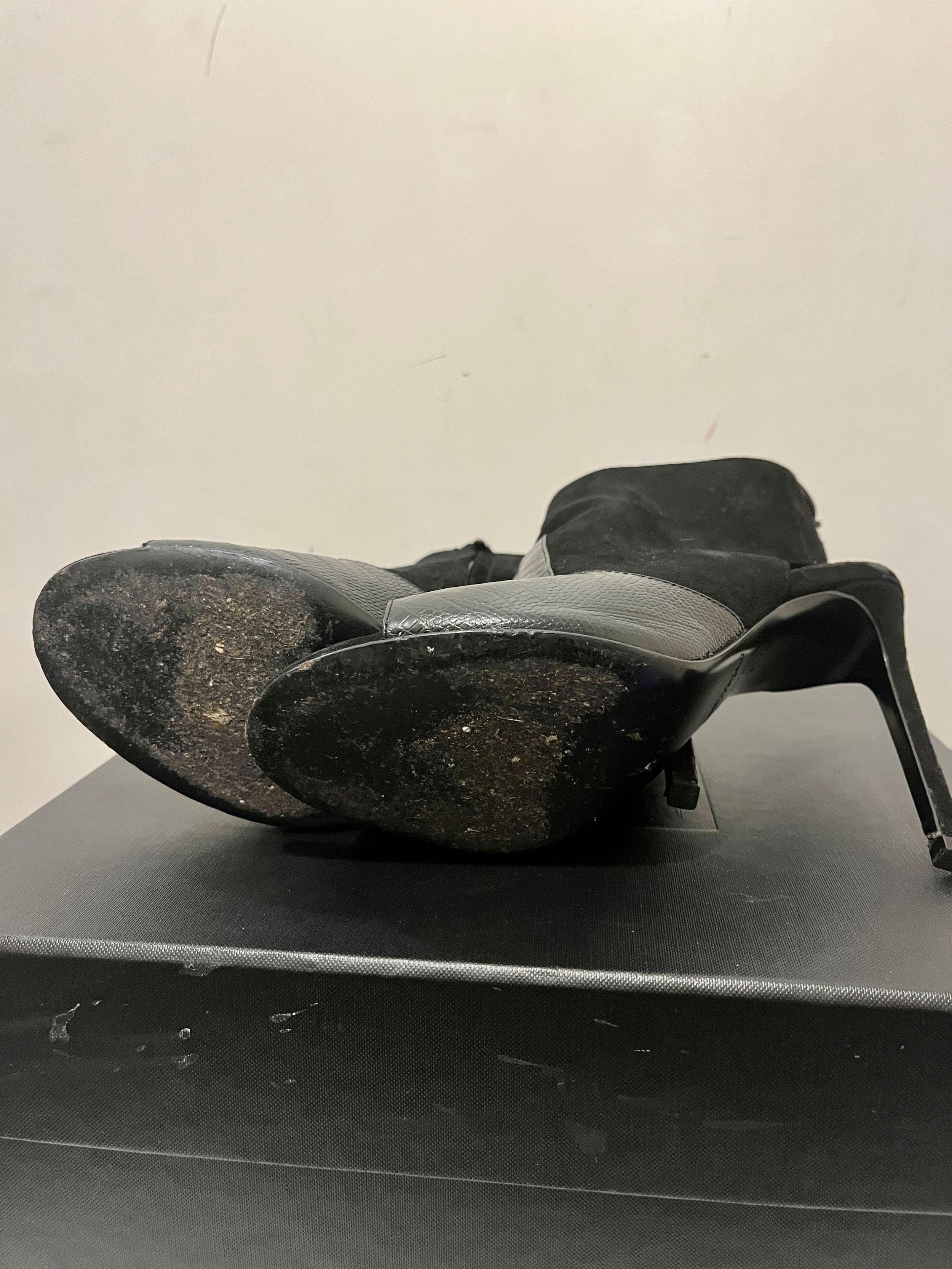 black embossed croc leather & suede Jane heeled booties