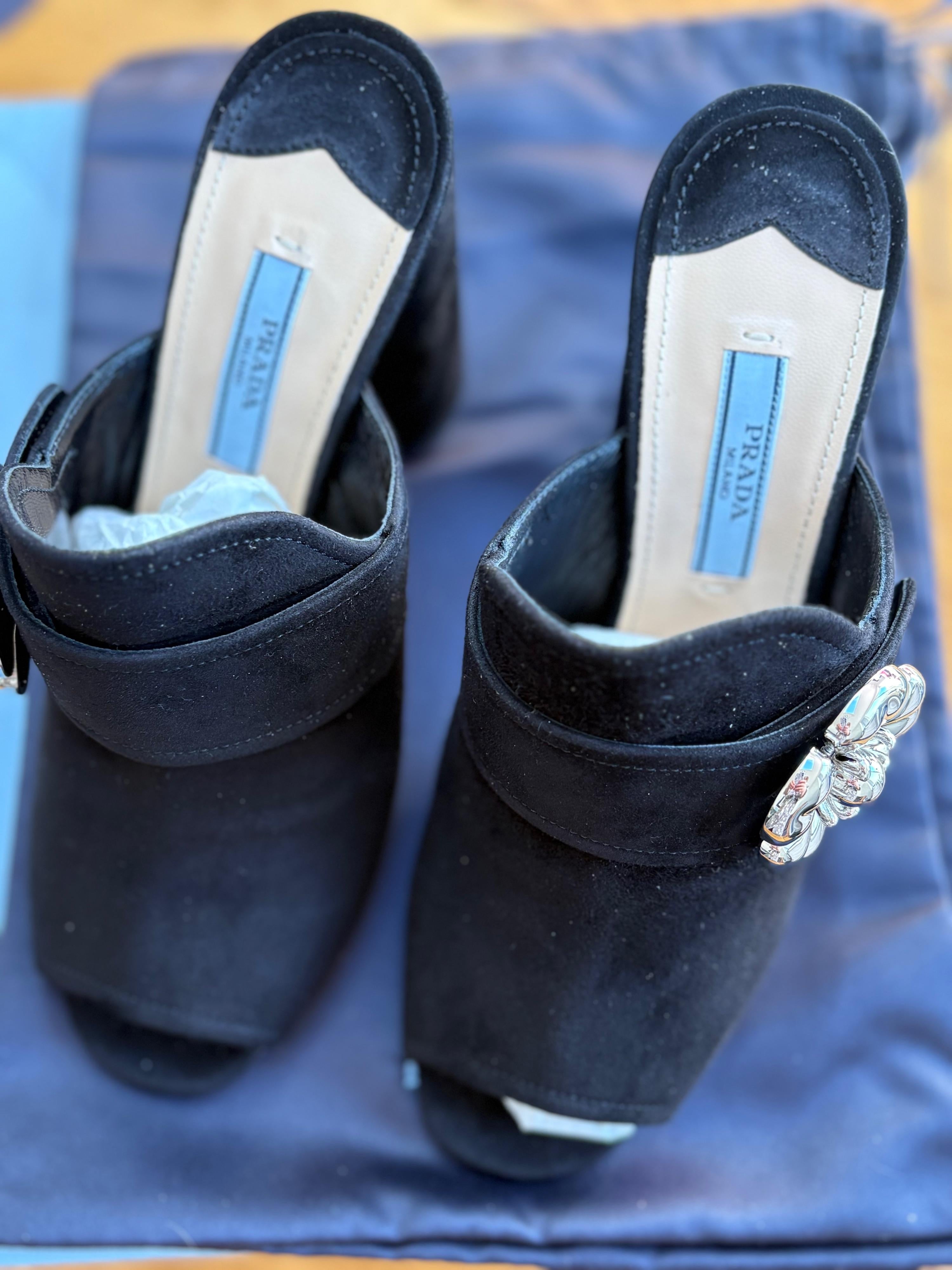 Prada Embellished Black Suede Heeled Mules
