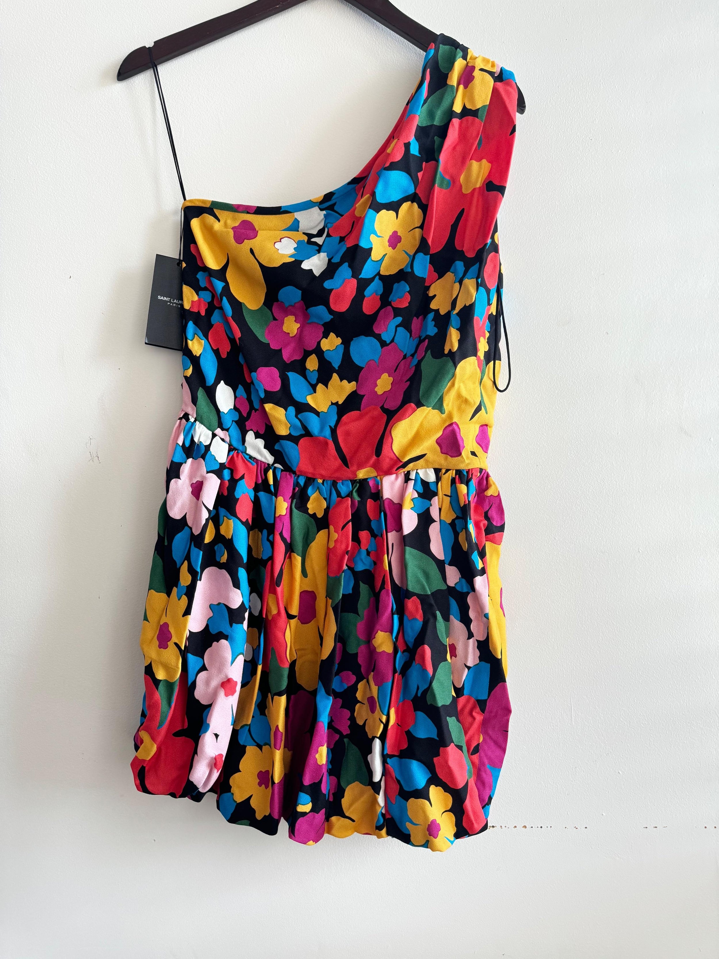 Saint Laurent Floral One Shoulder Mini Dress