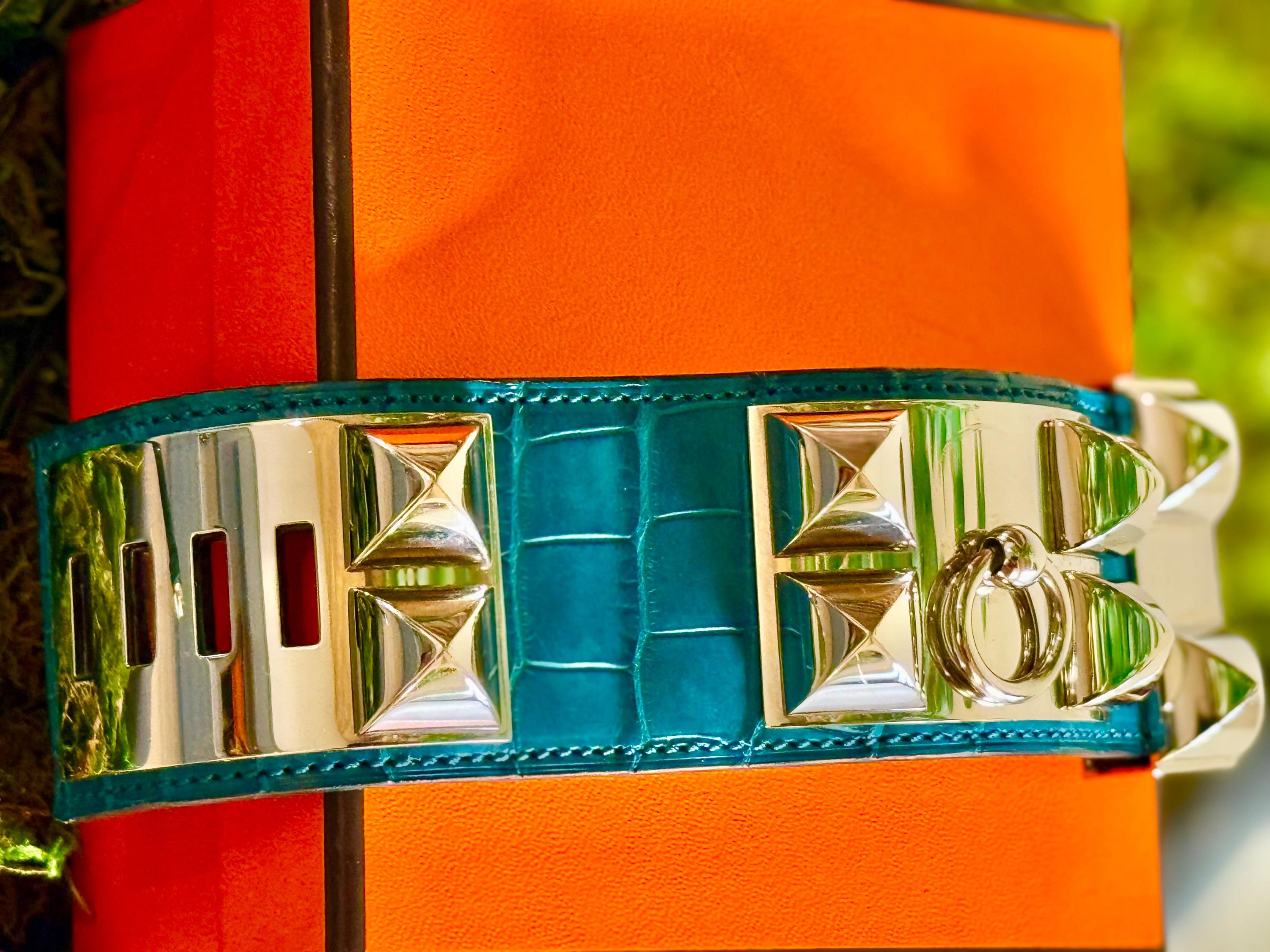 Hermès Matte Alligator collier de Chien bracelet Bleu Izmir with Palladium Hardware