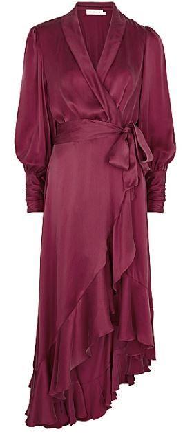 Burgundy Silk Satin Wrap Midi Dress