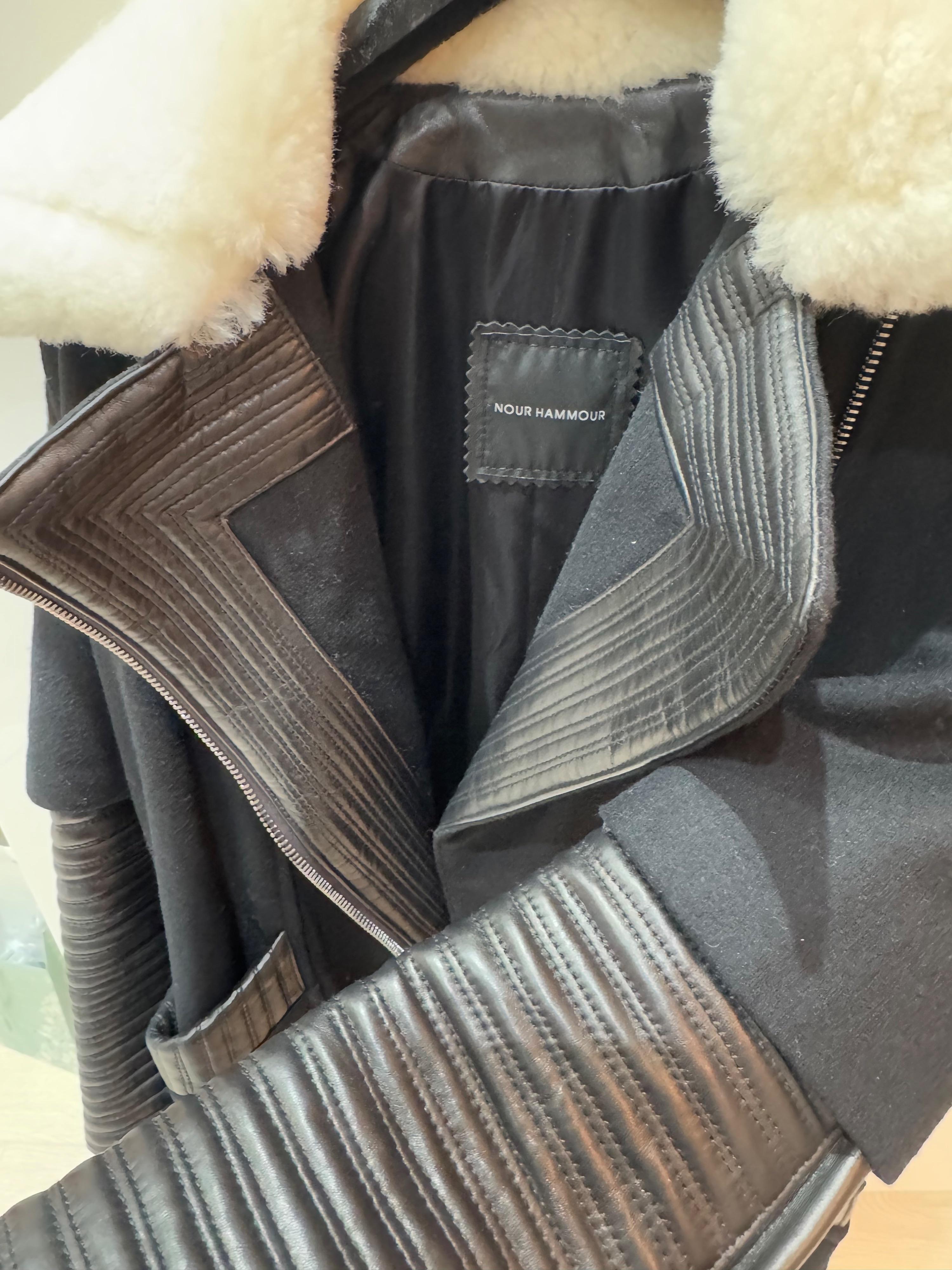 Nour Hammour Black Leather and Wool Biker Jacket