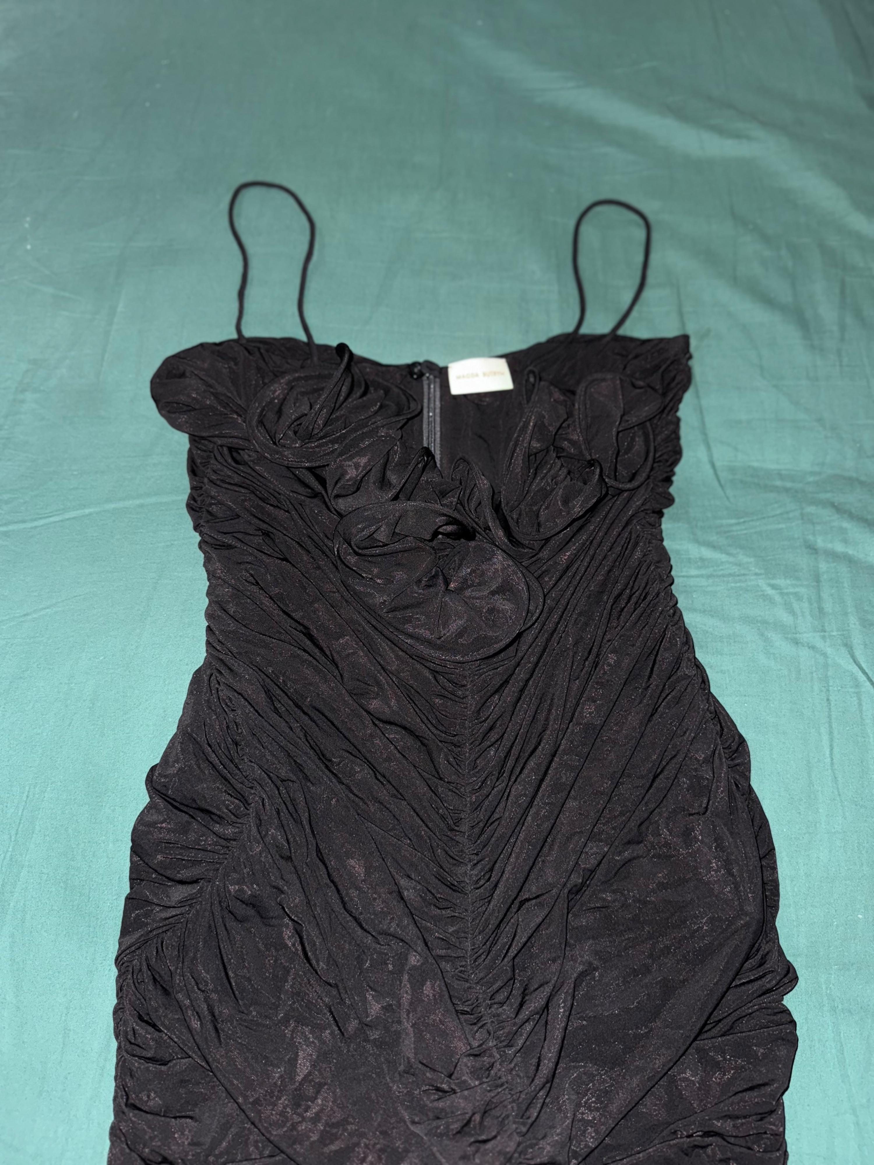 Black Ruffled Ruched Midi Dress
