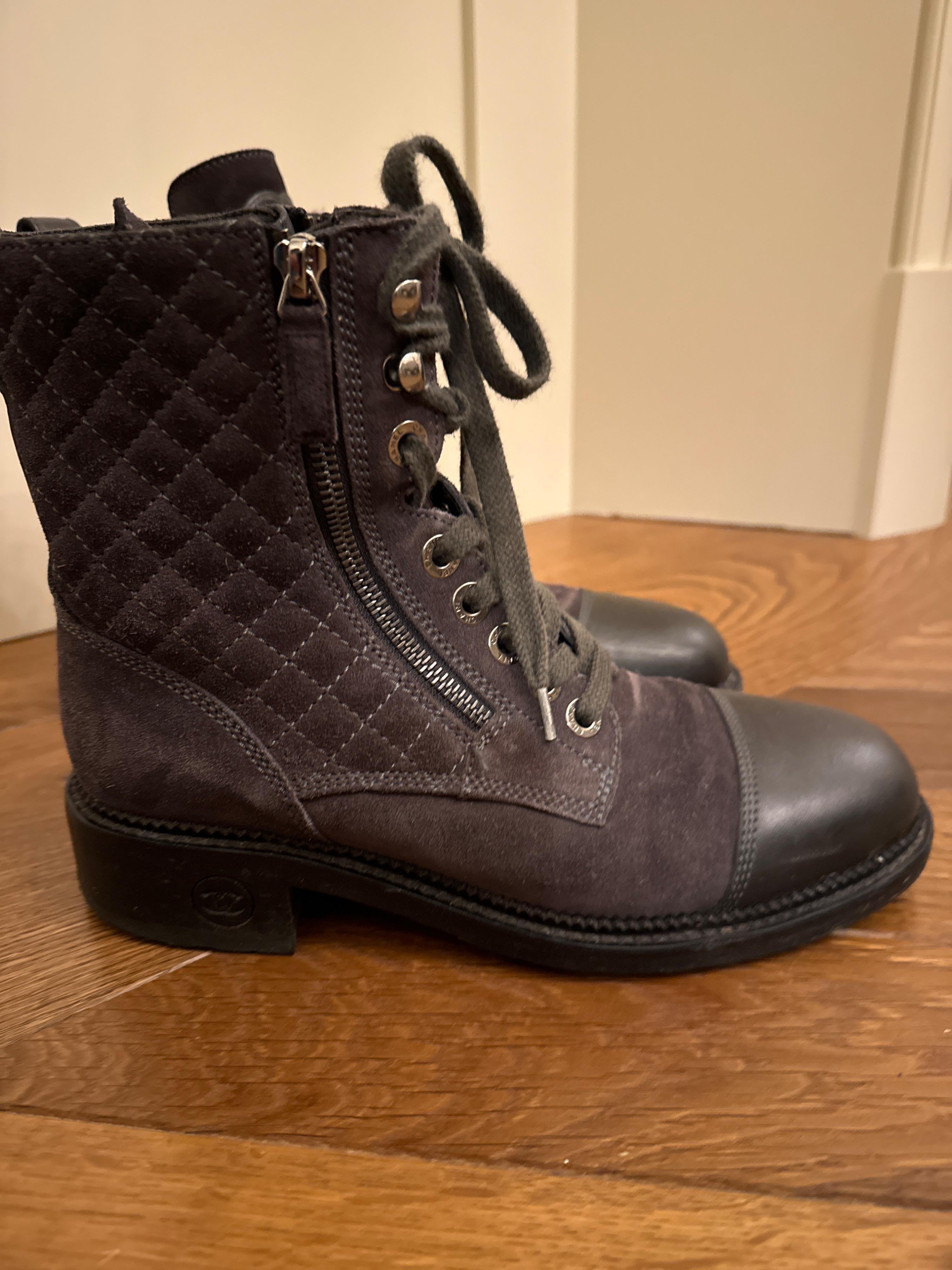Chanel Grey Suede and Leather Combat Boots