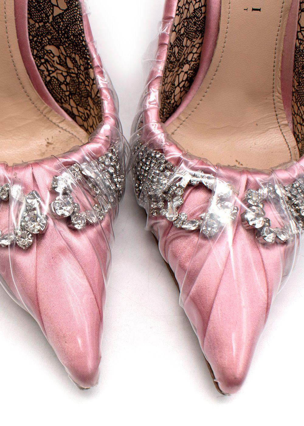 by Midnight pink satin, crystal & clear PVC heeled pumps