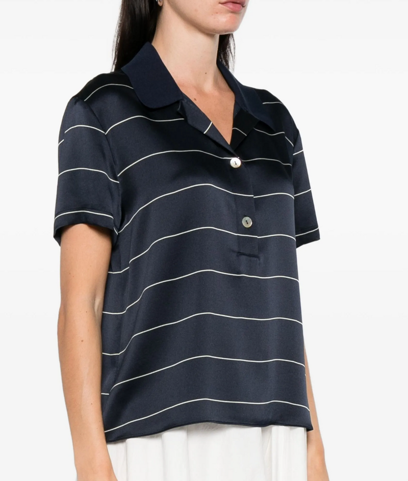 Vince Navy Silk Stripe Polo Shirt