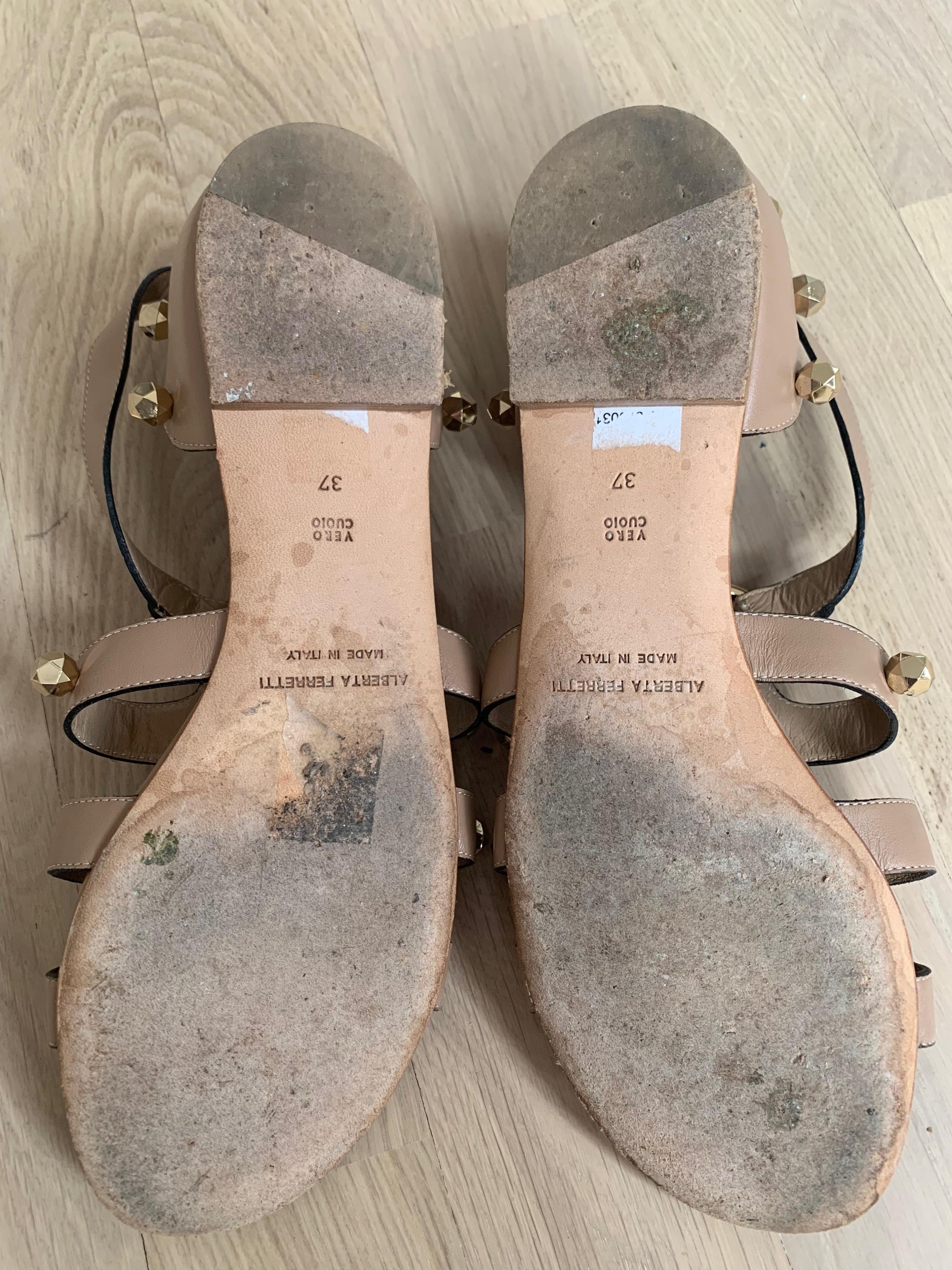 Nude Leather Studded Gladiator Sandals