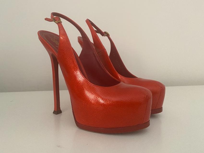 Saint Laurent Coral Leather Tribtoo Slingbacks
