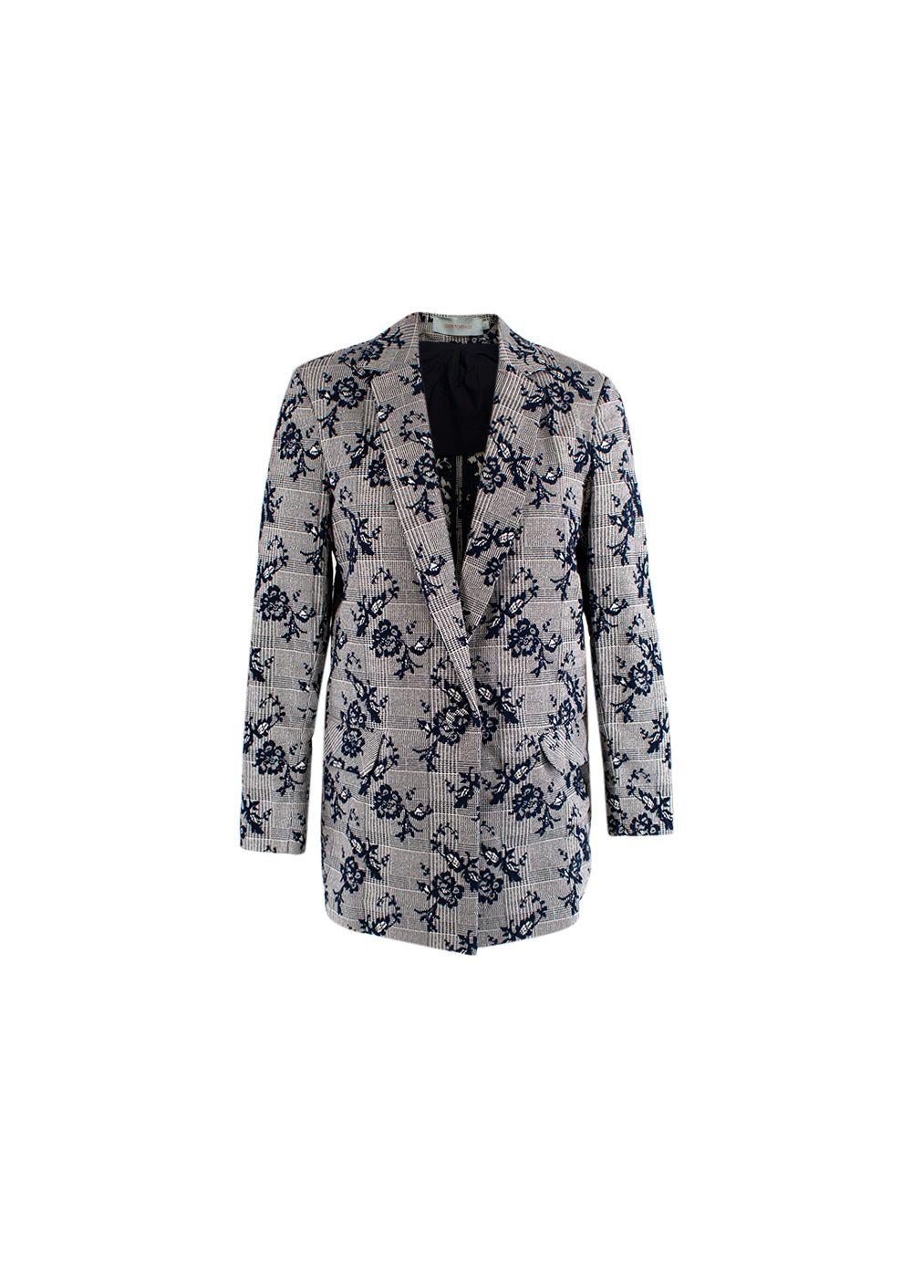 Blue Floral Embroidered Single Breasted Blazer