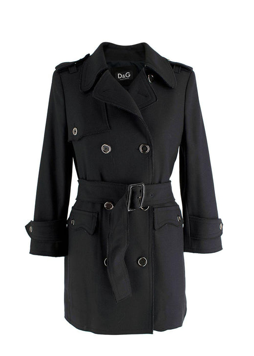 Dolce & Gabbana Black Belted Pure Wool Double Breasted  Trench Coat
