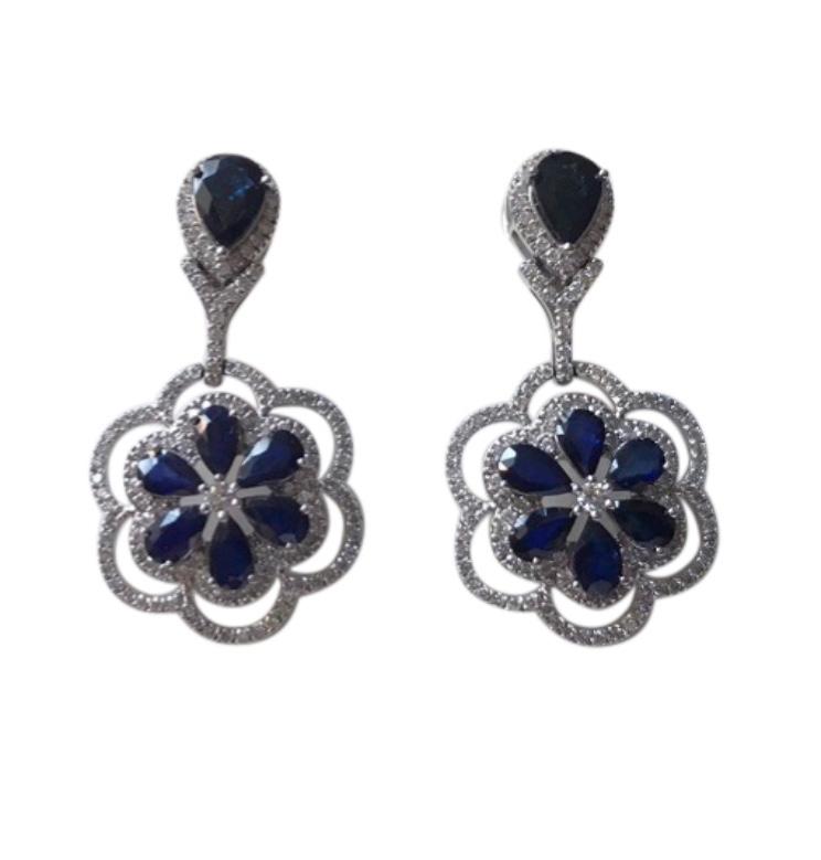 Bespoke 18ct White Gold Diamond & Sapphire Floral Jewellery Suite