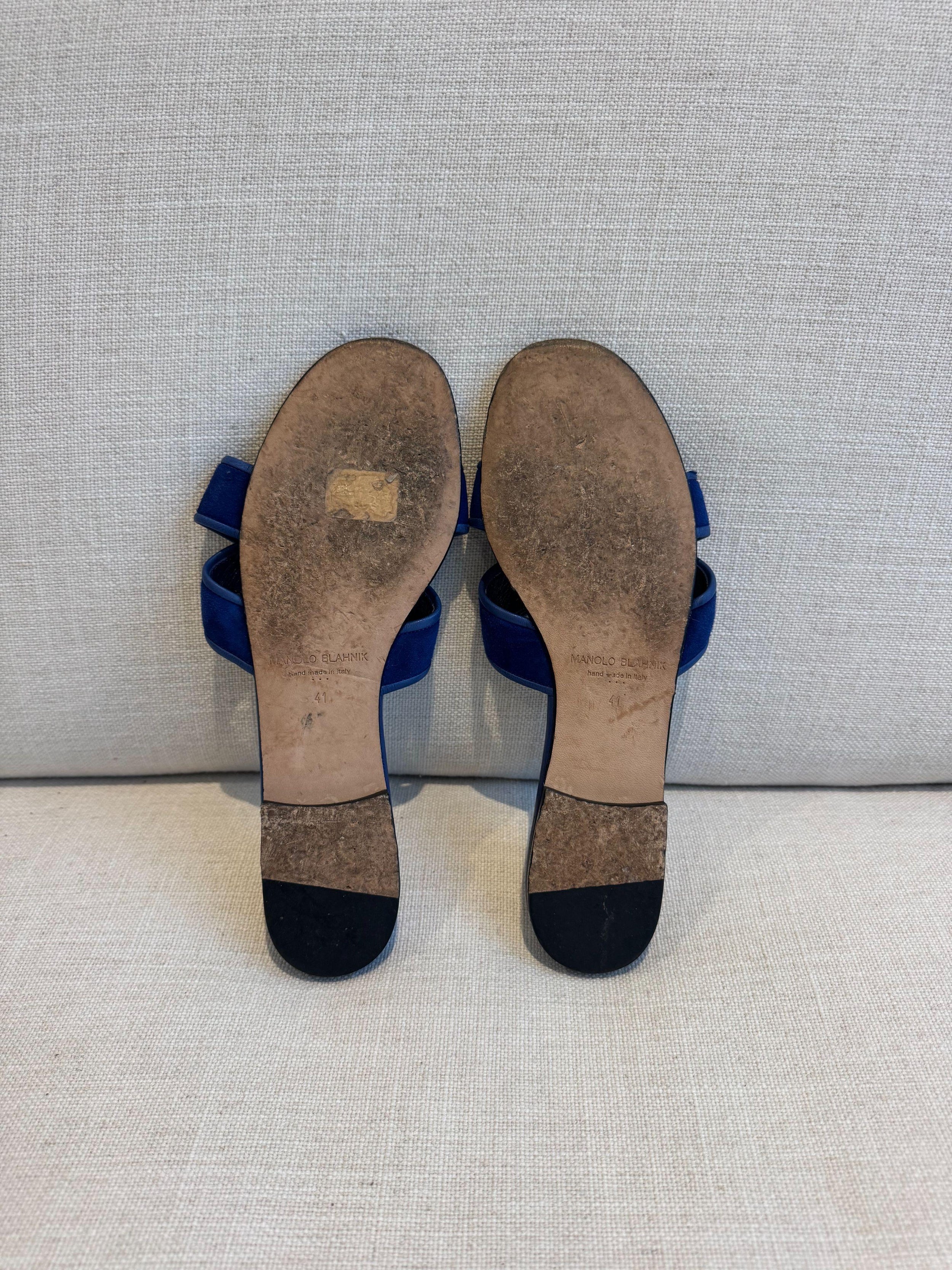 Manolo Blahnik Blue Suede Flat Sandals