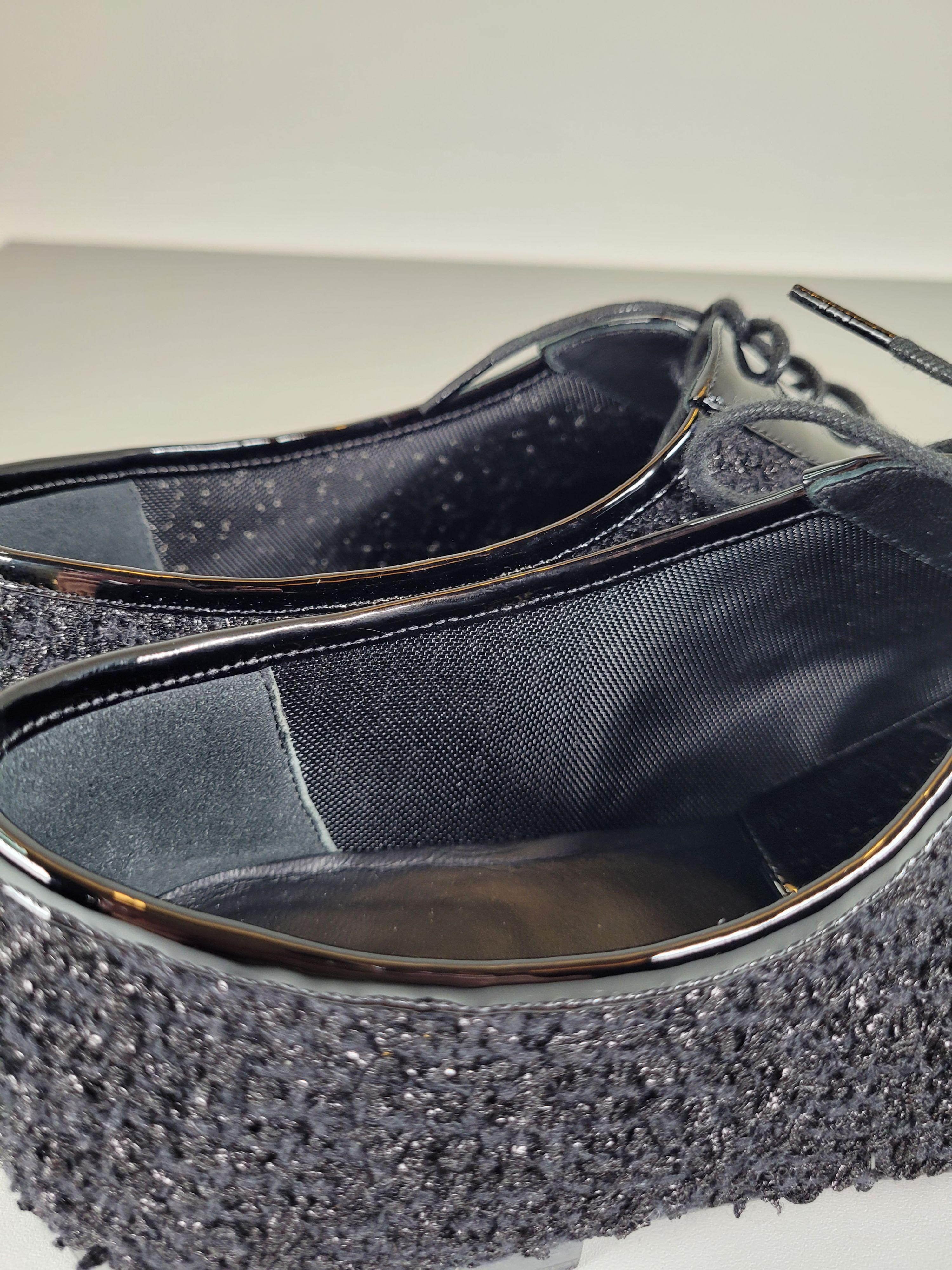 Chanel Black Patent Leather and Tweed Brogues