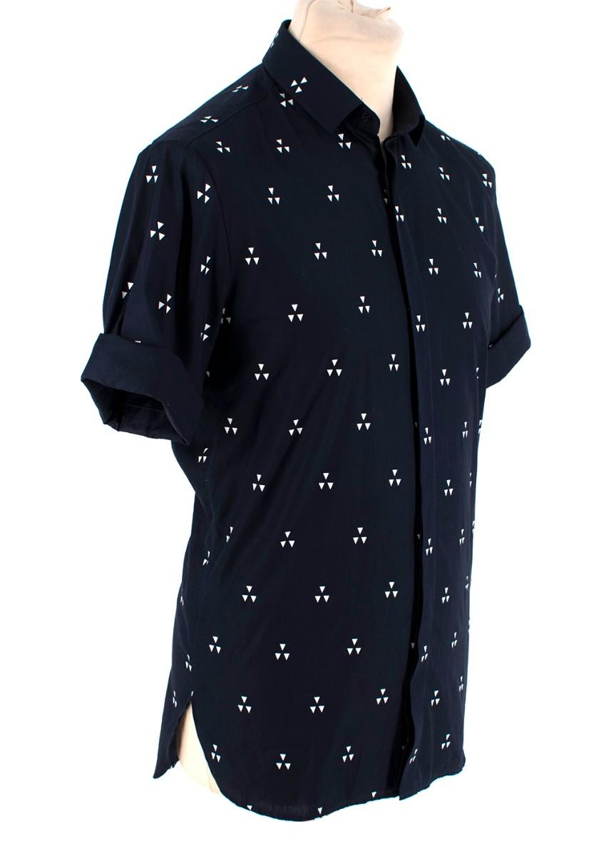 Neil Barrett Navy Cotton Poplin Geometric Print Short Sleeve Shirt