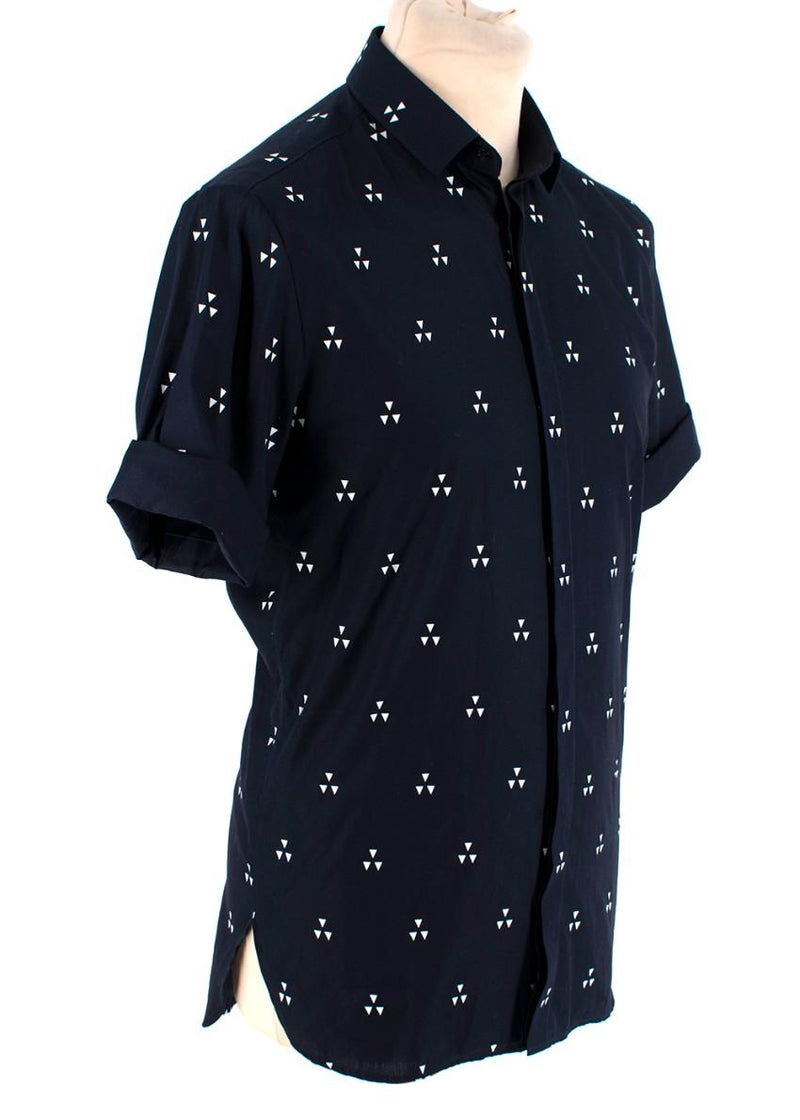 Neil Barrett Navy Cotton Poplin Geometric Print Short Sleeve Shirt