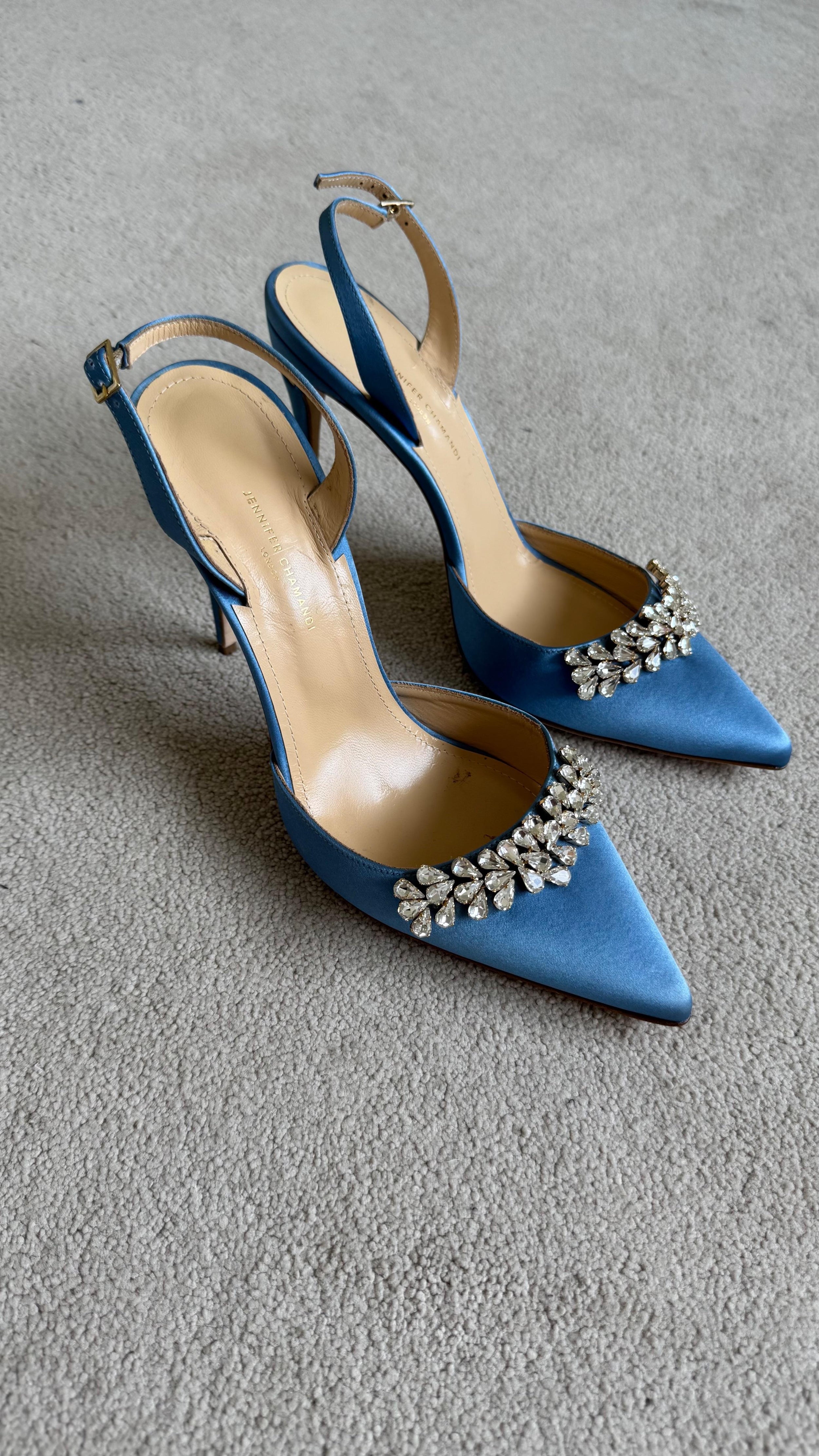 Jennifer Chamandi Embellished Light Blue Satin Slingback Sandals