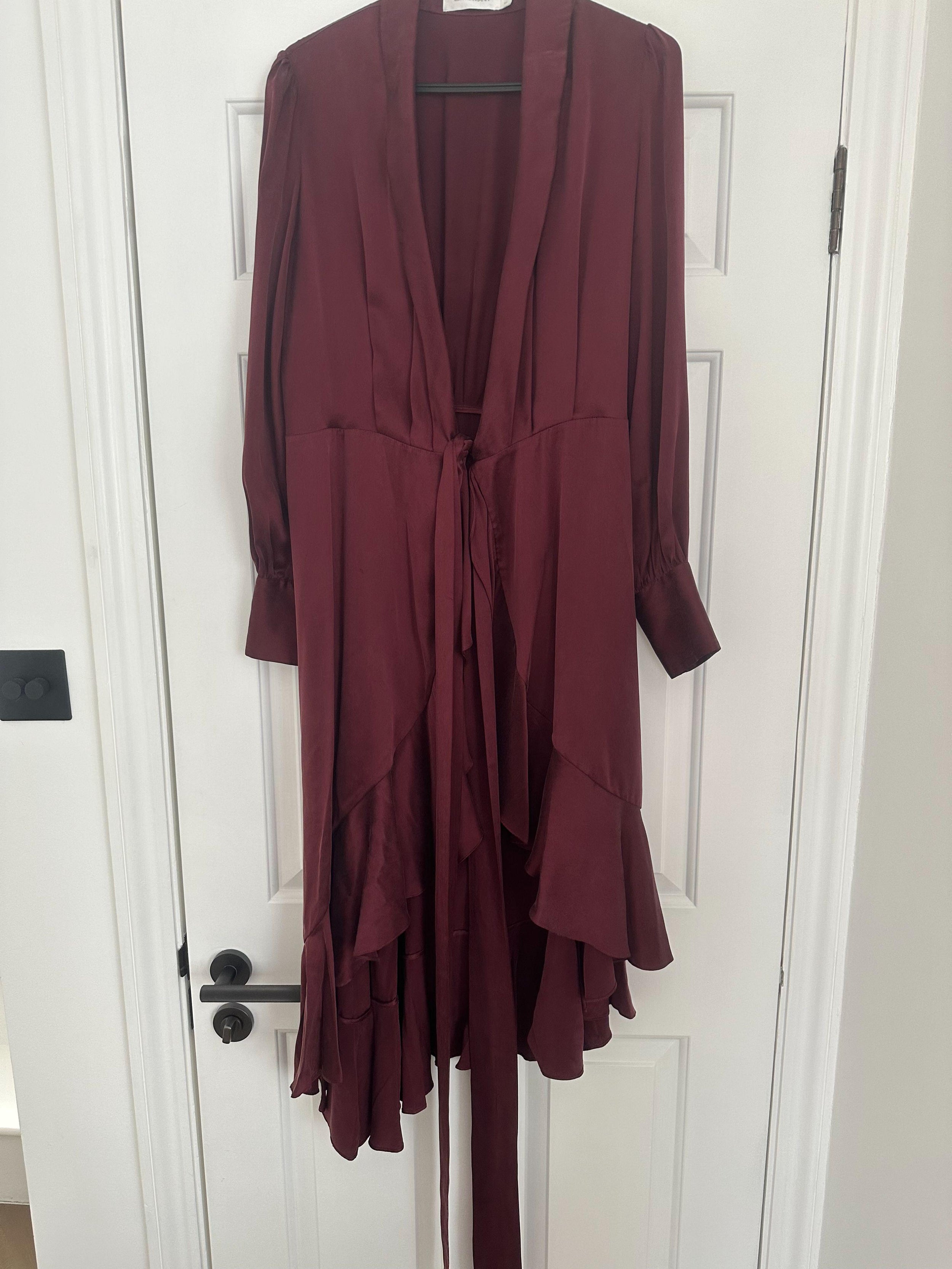 Burgundy Silk Satin Wrap Midi Dress
