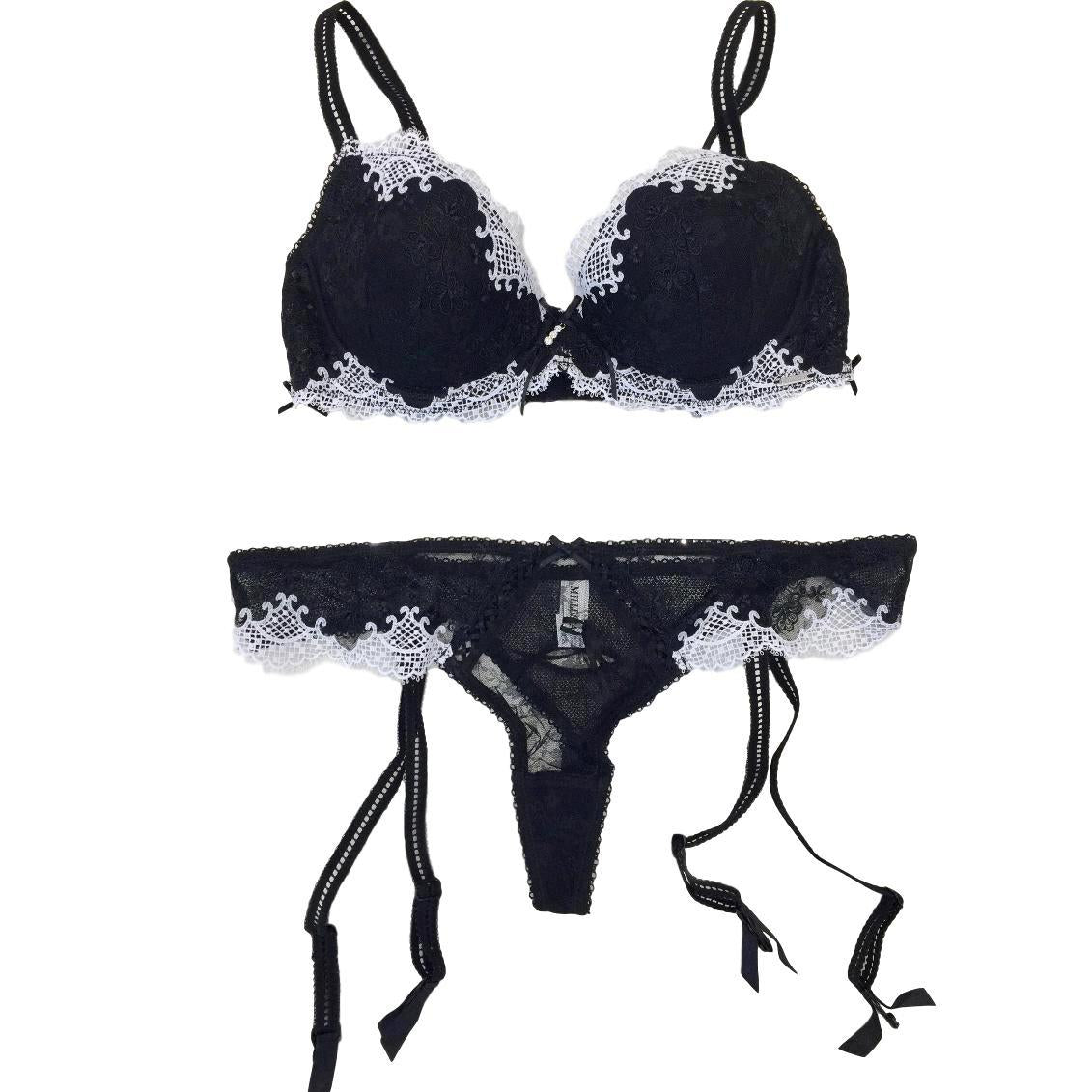 Millesia Black & White Guipure Lace Pad Bra & Suspender Thong Set