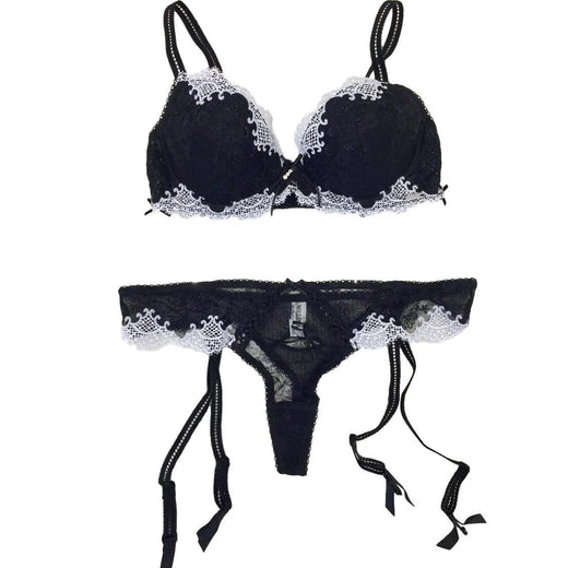 Millesia Black & White Guipure Lace Pad Bra & Suspender Thong Set